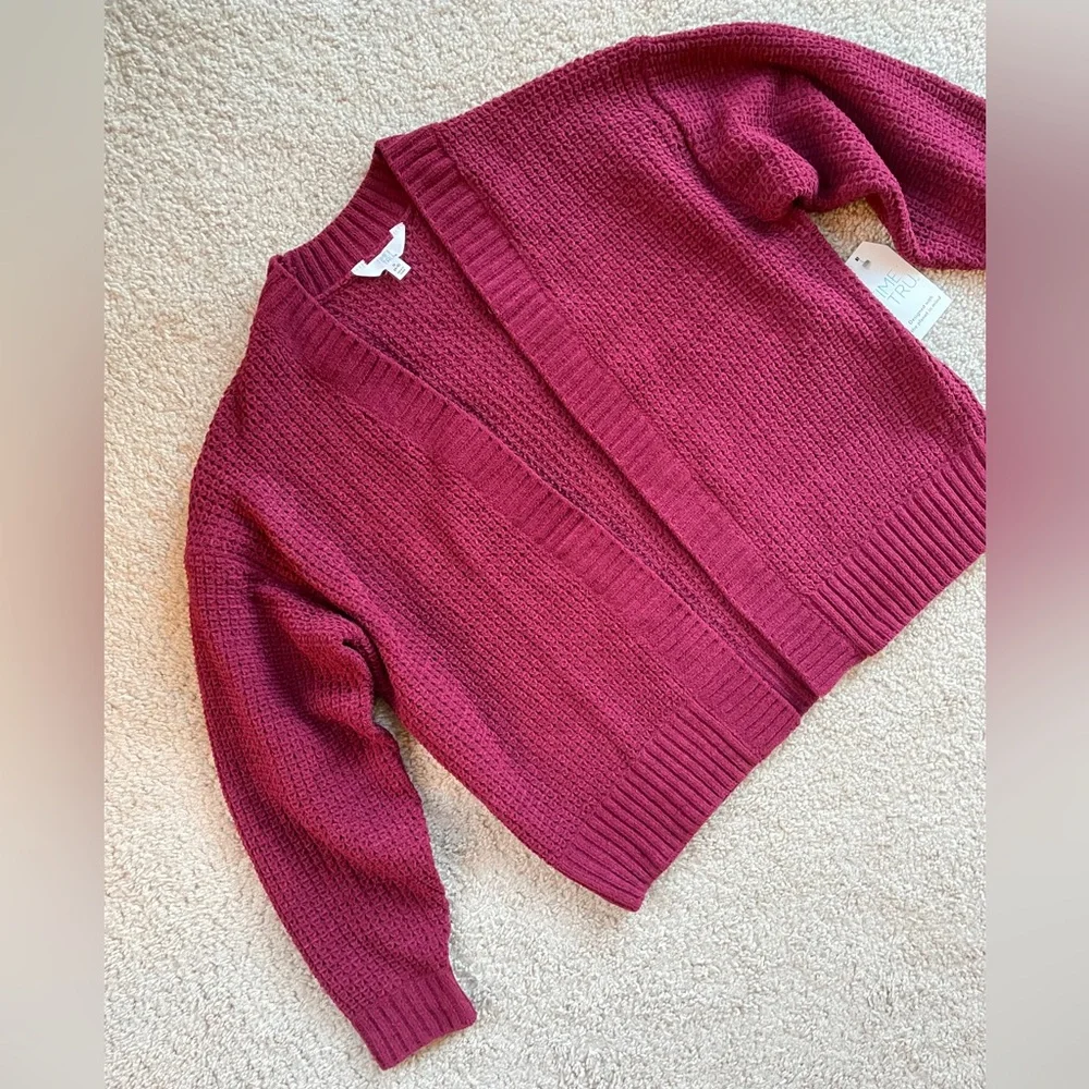 Time and Tru Burgundy Red Soft Chenille Open Front Cardigan Sweater Size Small